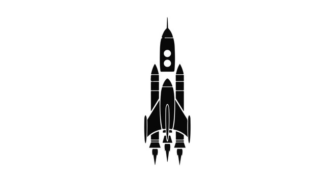 Rocket ship icon displays a stylized launch sequence with separated booster stages in a clean vector graphic design.