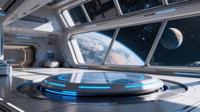 Futuristic space station interior with planet view