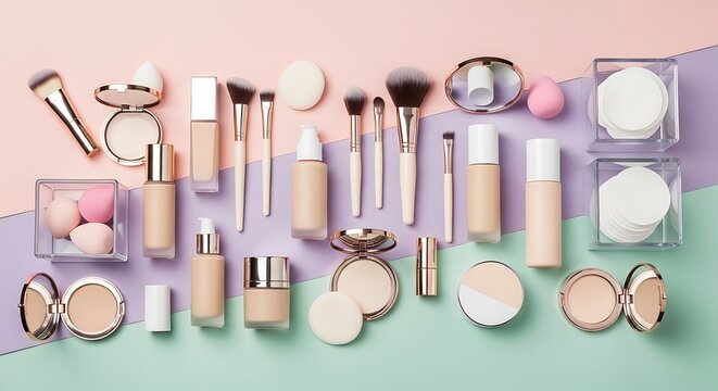 Collection of makeup products and brushes for face beauty and cosmetics on a colored background. makeup counter setup