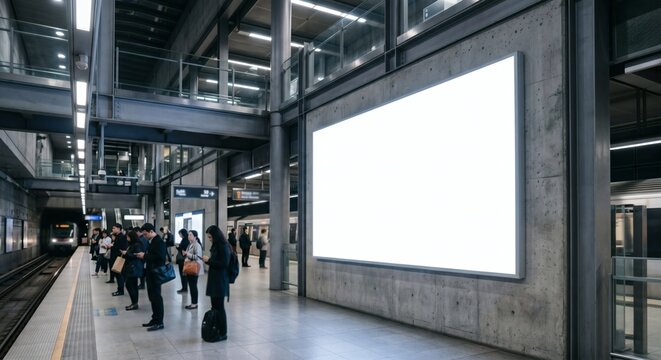 Blank white light box panel mockup on subway station wall