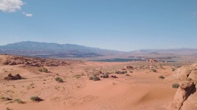 Aerial Drone View of UTVs Speeding Along Open Desert Trails in Utah