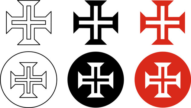 Vector Portuguese Cross icon set featuring Cross of Christ symbols in outline, solid and circular styles. Clean religious emblem collection for logo, badge, signage and graphic design