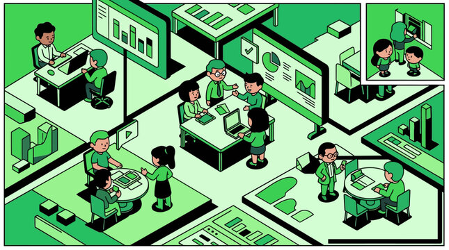 Isometric Illustration of a Busy Modern Green-Themed Office Workspace with Professionals Collaborating, Analyzing Data, and Using Financial Technology Tools.