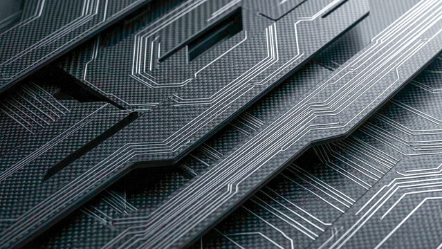 : A close-up view of intricate circuit board patterns etched onto carbon fiber textures, showcasing advanced engineering