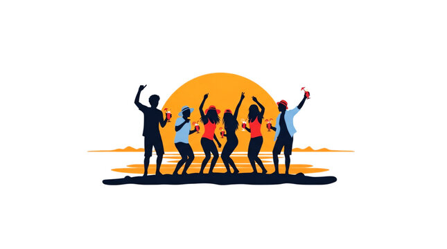 Silhouettes of six people dancing with cocktails on a beach during a sunset, vector illustration.
