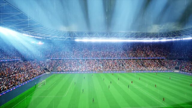 football players competing across wet stadium field grass during rainy daytime international event. Animation of soccer players dribbling opponents on overcast weather match day 3D rendered