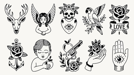 Fototapeta premium A collection of various tattoo designs featuring animals, human figures, and symbols
