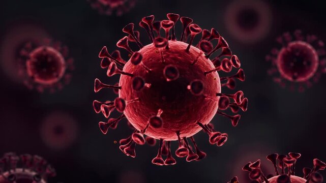 Close up animation of a red virus particle with detailed spike proteins floating in microscopic view