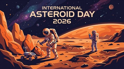 Naklejka premium Two astronauts exploring a rocky planet surface for asteroid day celebration 