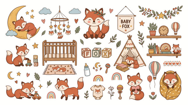 Cute baby fox nursery elements collection