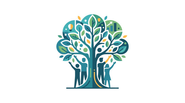 Community growth tree with people reaching up, symbolizing unity and progress.