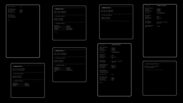 Video overlay template fictional programming random code and software development interface, Futuristic and AI artificial intelligence source code technology workspace concept