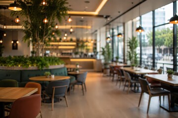 Fototapeta premium Modern cafe interior blurred background restaurant dining area coffee shop lounge atmosphere furniture lighting plants architecture hospitality design