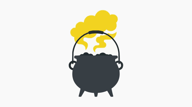 A dark cauldron with a handle sits on three legs emitting yellow smoke and steam, suggesting a magical potion or stew