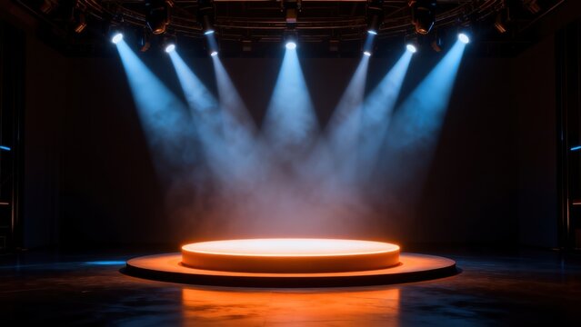 Empty stage with spotlights and smoke