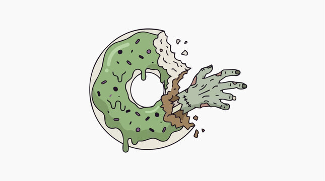 Zombie hand emerging from a bitten green frosted donut with sprinkles on white background