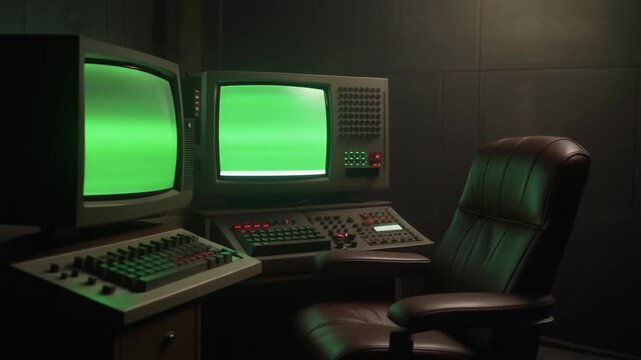 Retro computer monitors glow with green light in dark room video
