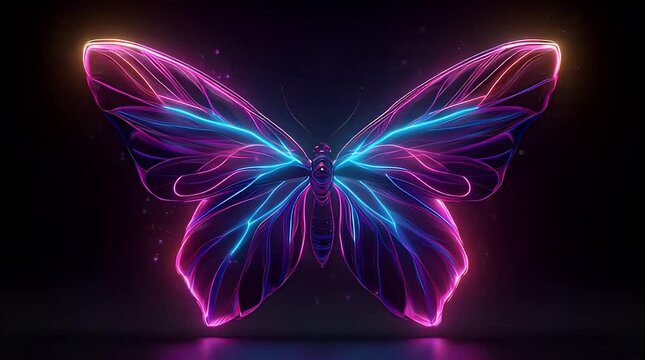 An abstract digital illustration of a butterfly with radiant pink and blue neon lights on a black background, representing technology, creativity, and modern art.