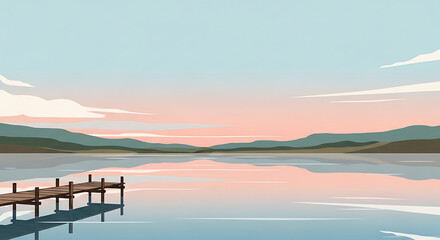 Fototapeta premium Serene lake scene at sunset with dock.