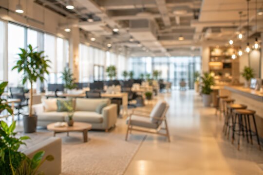 Modern blurred office background coworking space interior corporate lounge workspace business center concept
