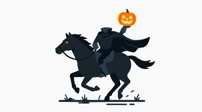 The Headless Horseman rides a black horse holding a glowing jack o lantern on Halloween night with a cape flowing in the wind