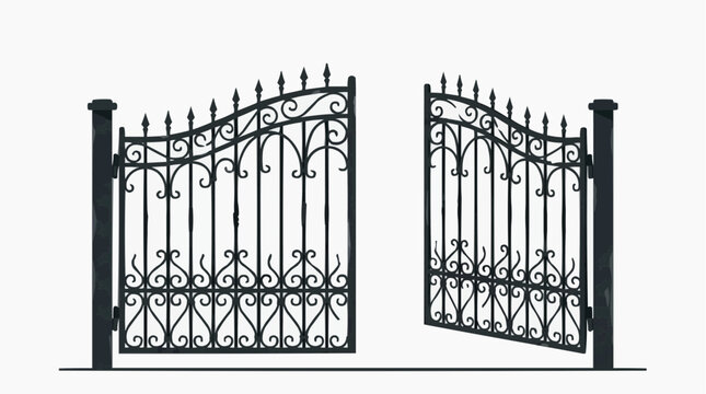 Ornate black wrought iron gate with decorative scrollwork and finials, partially open on a white background
