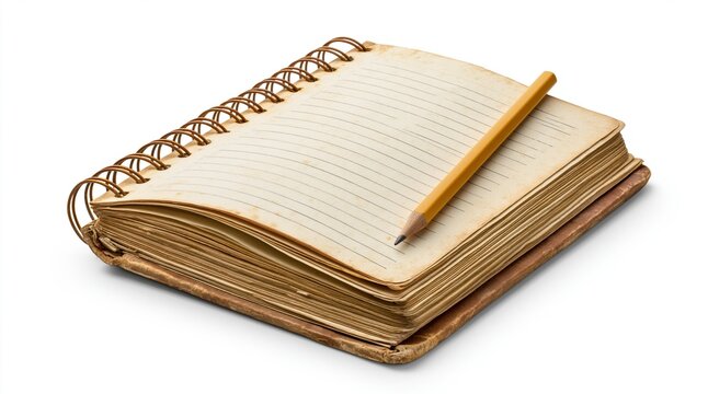 Open spiral notebook with blank pages and pencil on white background