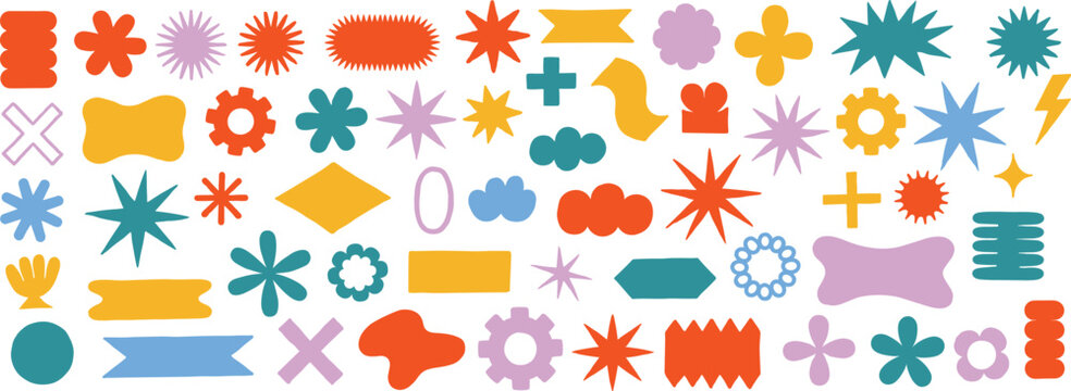 A vibrant collection of abstract geometric shapes and graphic elements in various bold and pastel colors arranged in a playful pattern