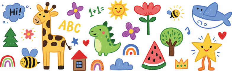 Fototapeta premium Collection of charming handdrawn childish doodles featuring animals plants and various graphic elements for educational and creative purposes