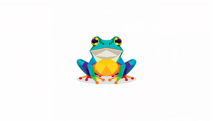 Obraz premium 白い背景で正面を向いたローポリのカエルが座るアイコン風イラスト