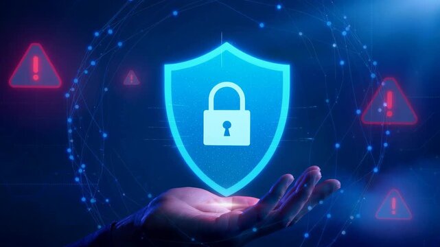 Glowing blue shield with lock floating above hand surrounded by digital network security concept