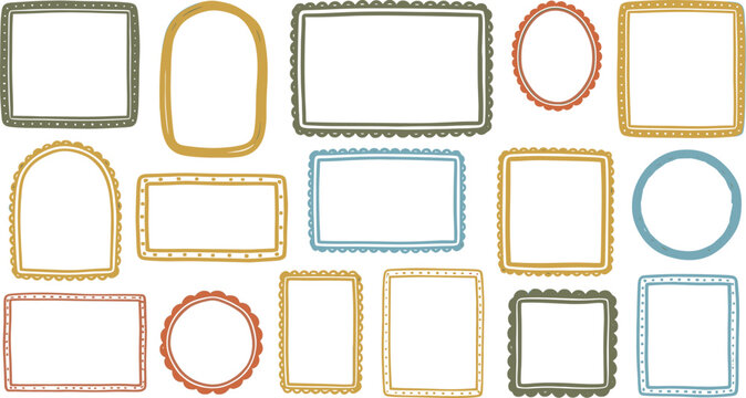 Collection of handdrawn doodle frames in various organic shapes and warm earthy colors creating a playful and versatile design element for creative projects