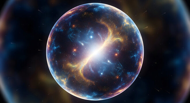 Luminous orb representing the origin of a galaxy with swirling cosmic energy and nebular gas in deep space