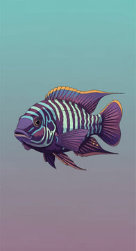 Detailed vector illustration of a colorful African Malawi Cichlid fish featuring a purple body with light teal vertical stripes, orange-tipped fins, and intricate fin details.