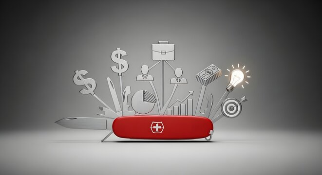 Red multitool with various business icons