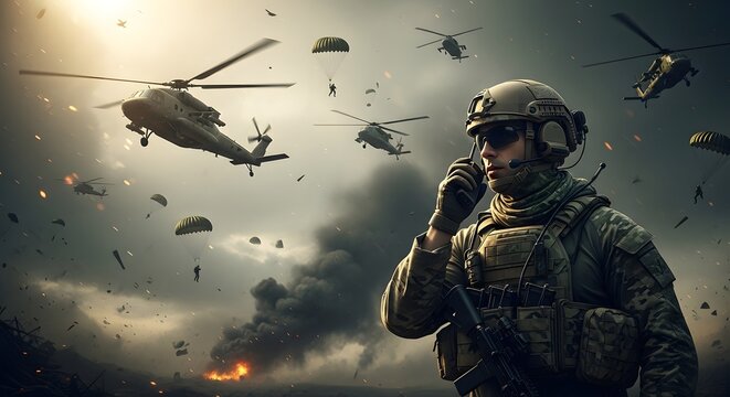 Soldier using radio in battlefield with helicopters