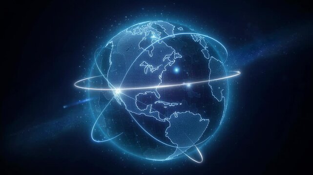 Futuristic globe with glowing digital connections and illuminated orbits in a high tech network visualization