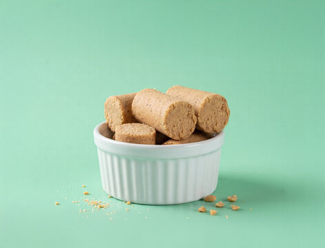 Minimalist still life of traditional Brazilian pa&ccedil;oca with scattered crumbs.