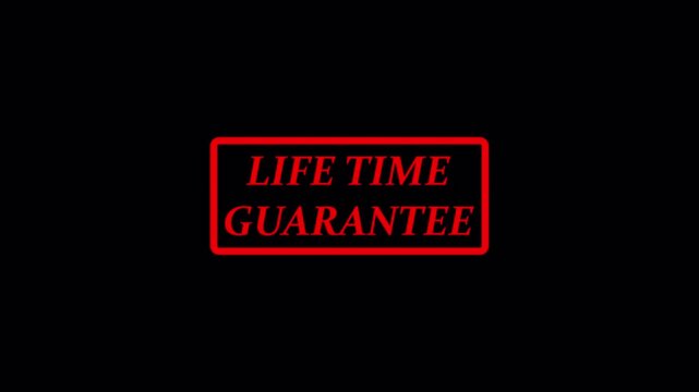 Lifetime Guarantee Rubber Stamp Reveal Animation on Transparent Background.