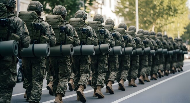 Soldiers marching in formation on a road