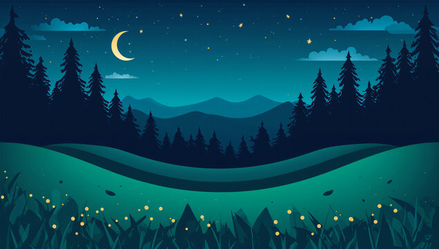 星空の下で森と丘が静かに広がる夜の自然イラスト