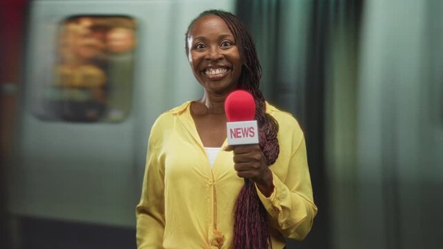 Young woman reporter holds a red microphone, pointing toward a passing train in a subway station; joyful broadcast.