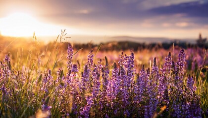 Naklejka premium Vibrant Purple Wildflowers In Sunlit Meadow Beauty Of Summer Nature And Blossoming Floral Scenery