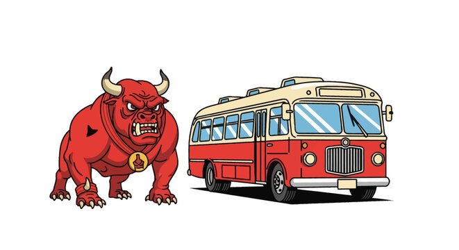 Vector illustration of a muscular red bull mascot with horns and sharp teeth standing next to a vintage red and cream oldtimer transit bus isolated on a white background.
