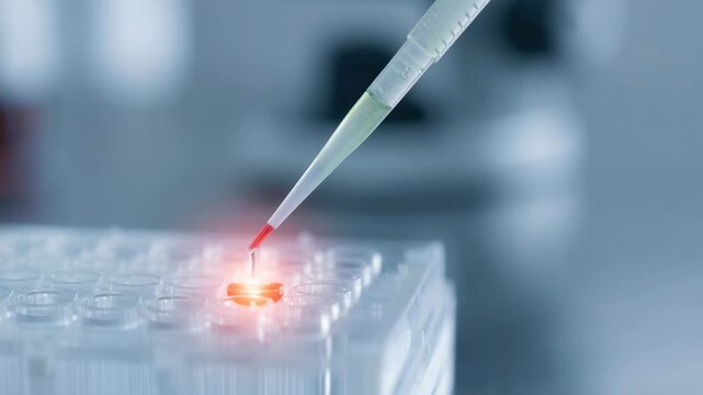 Close up of glowing red liquid drop released from pipette into clear container in laboratory setting