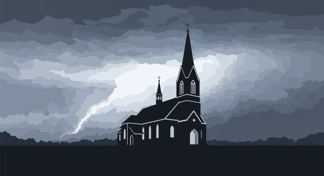 Minimalist vector illustration of a dark church silhouette featuring a tall spire and gothic windows set against a stormy, overcast sky with layered grey and blue clouds.