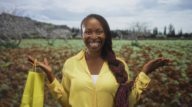Young woman holding a yellow shopping bag with palms up and smiling broadly in an orchard field; joyful gift moment.