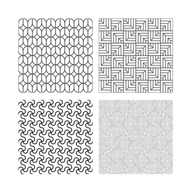 Set of seamless black and white geometric patterns featuring abstract linear designs for modern backgrounds and textiles
