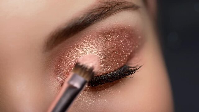 Close up video of shimmering rose gold eyeshadow being delicately applied on eyelid makeup beauty