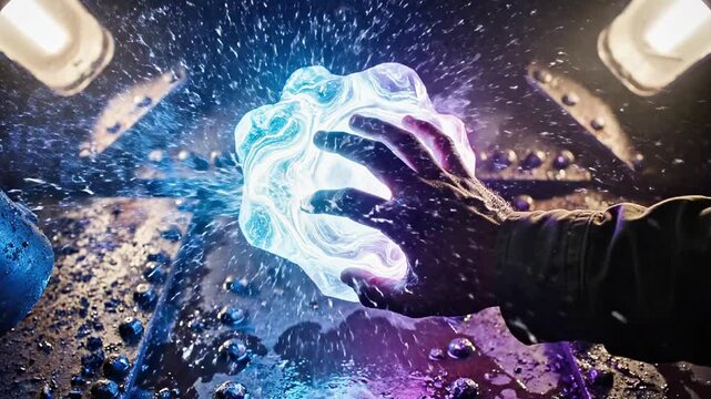 A hand reaches for a glowing blue orb on a wet surface